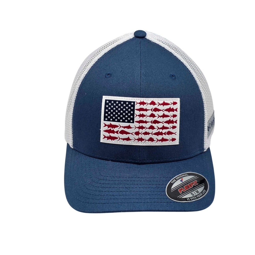 Columbia PFG Fish Flag Flexfit Fitted Trucker Hat Cap Navy White Size S/M NWT